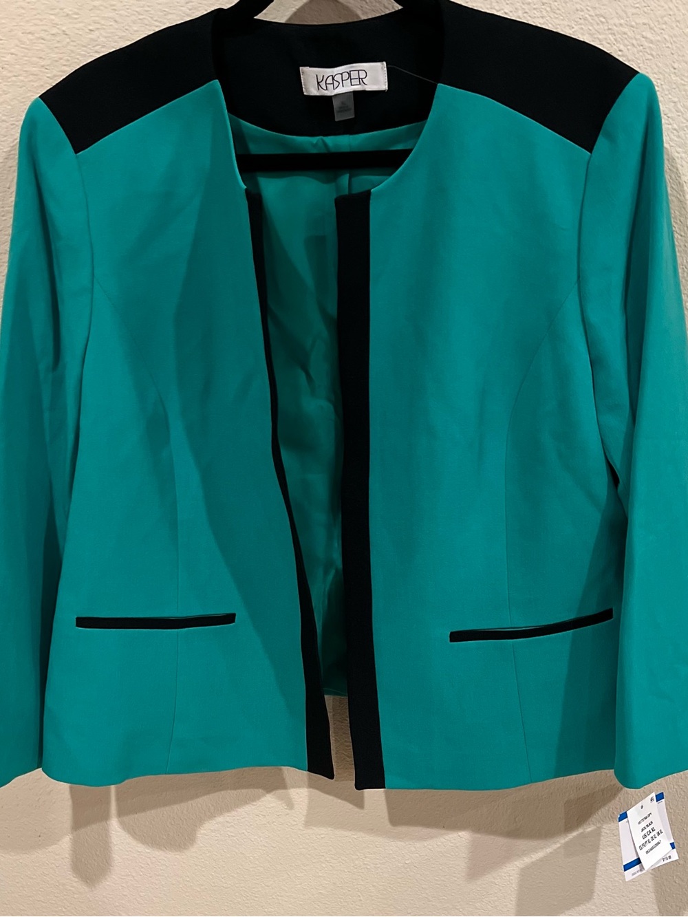 Kasper Jade Green Open-Front Blazer with Black Trim